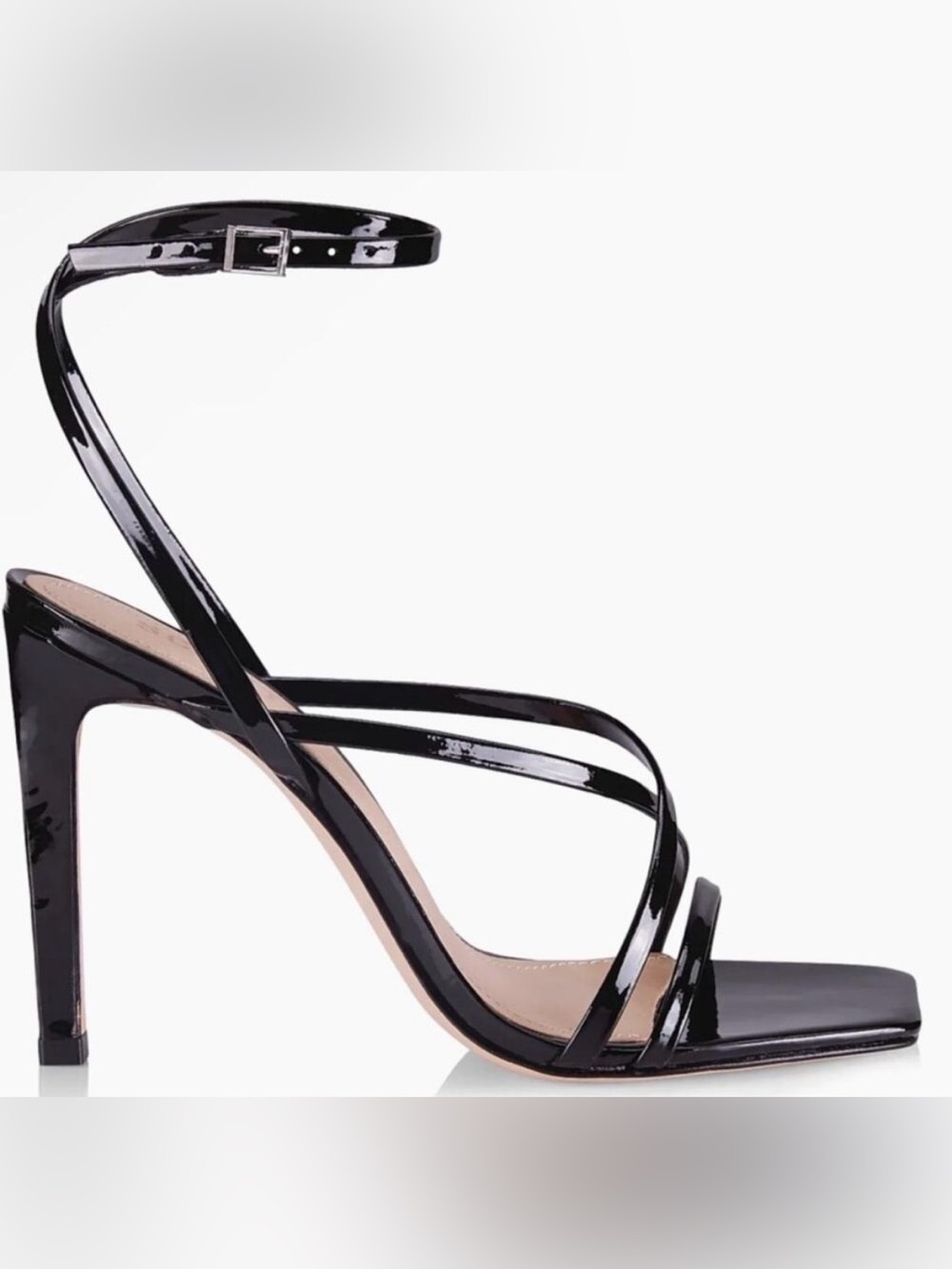 Schultz Black Patent Strappy Ankle‑Wrap Heel Sandal With Box